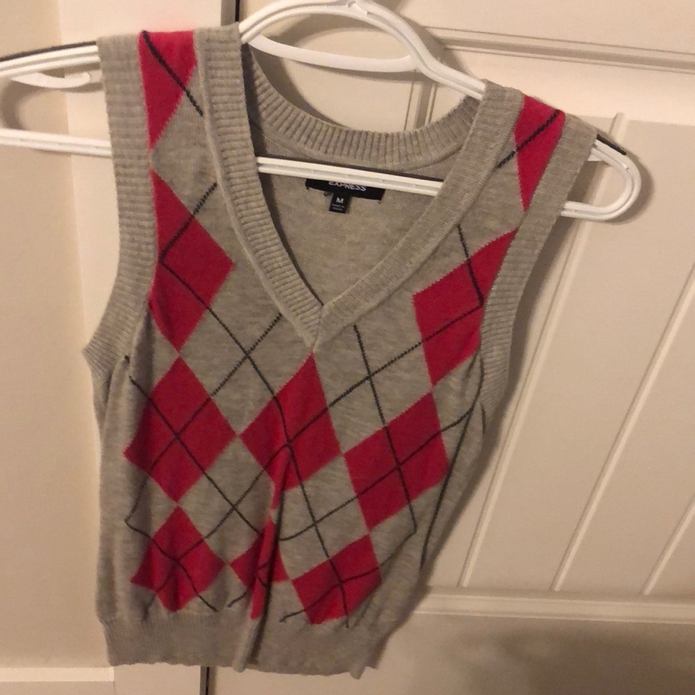 Pink and gray argyle sweater vest
